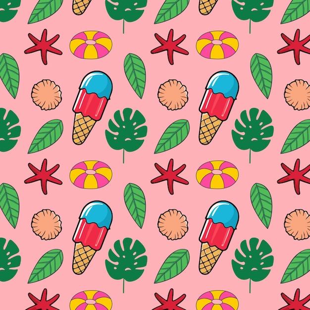 Seamless pattern with ice cream and tropical leaves Vector illustration