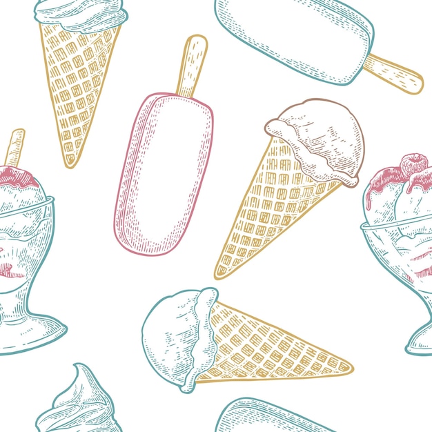 Vector seamless pattern with ice cream vector vintage black engraving