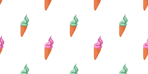 Seamless pattern with ice cream in a waffle cone.