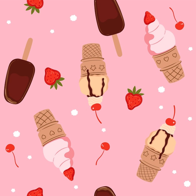 Seamless pattern with ice cream in waffle cups and popsicle Vector graphics