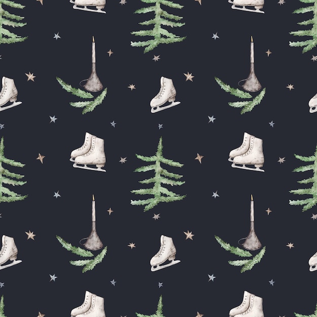 Seamless pattern with ice skates Christmas trees candles and stars