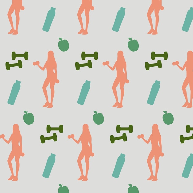 Seamless pattern with icons of fitness women gym dumbbells bottles of water and apples Vector illustration