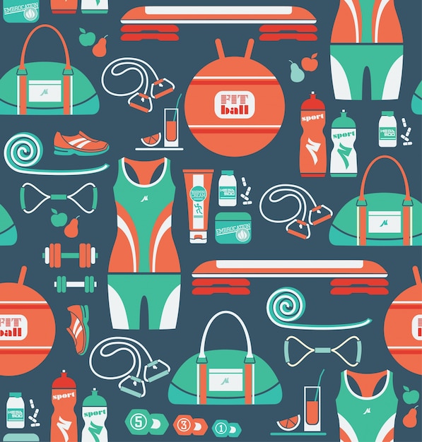 Vector seamless pattern with icons of fitness