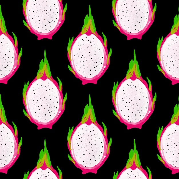 Modello senza cuciture con iillustration di un pitahaya su sfondo nero