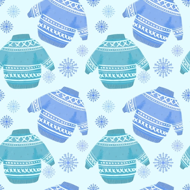 Seamless pattern with illustration of cute sweater blue color with snowflakes