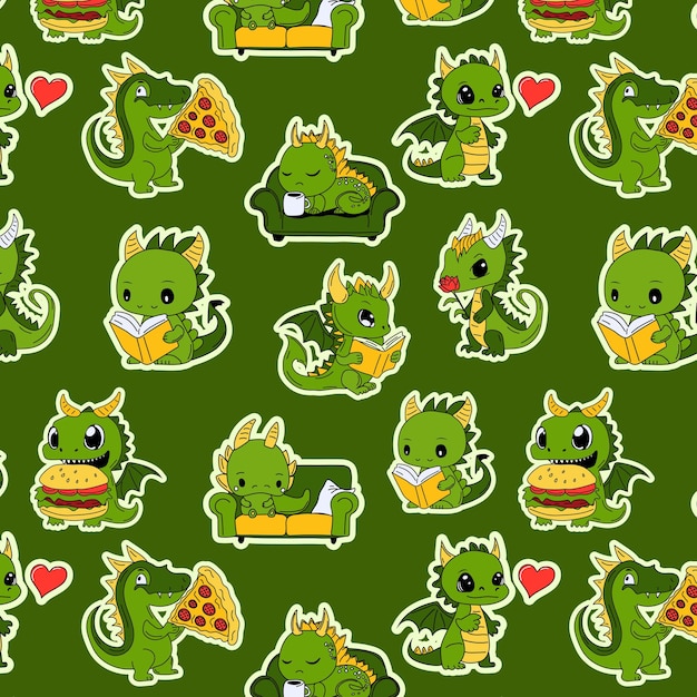 Seamless pattern with Illustration Emoji characters cartoon green dragon dinosaur laughs sticker