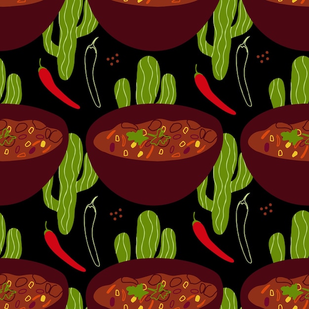 Seamless pattern with illustration of Mexican Chili Con Carne on a black background with cactus