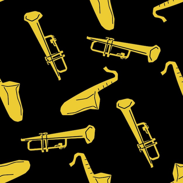 Seamless pattern with illustration of musical instrument trumpet and saxophone in cutting style yellow color on black background