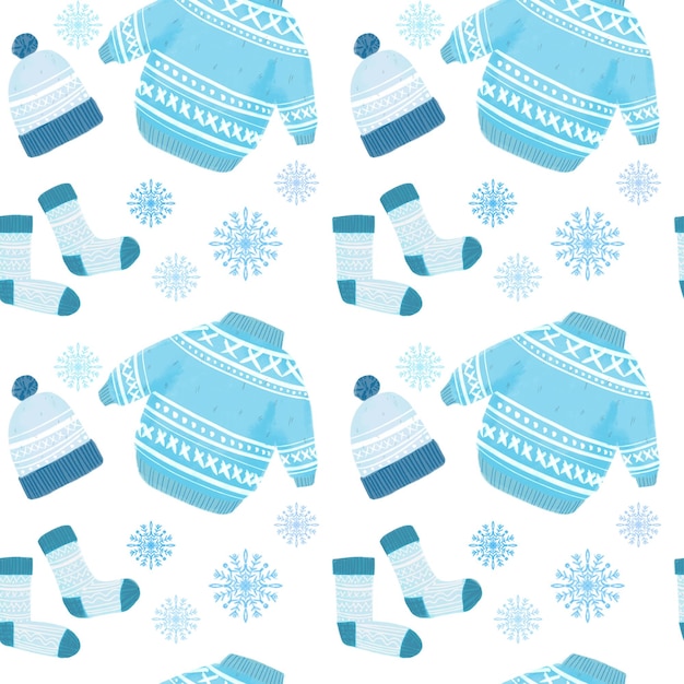 Вектор Бесшовный узор с иллюстрацией зимней одежды милый свитер, вязаная шапка и носки синего цвета