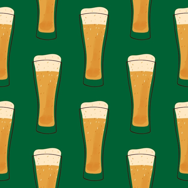 Seamless pattern with illustration stylized mug of beer on green background