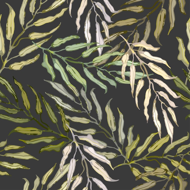 열대 야자수 잎 벽지 섬유 인쇄 포장지의 삽화가 있는 원활한 패턴