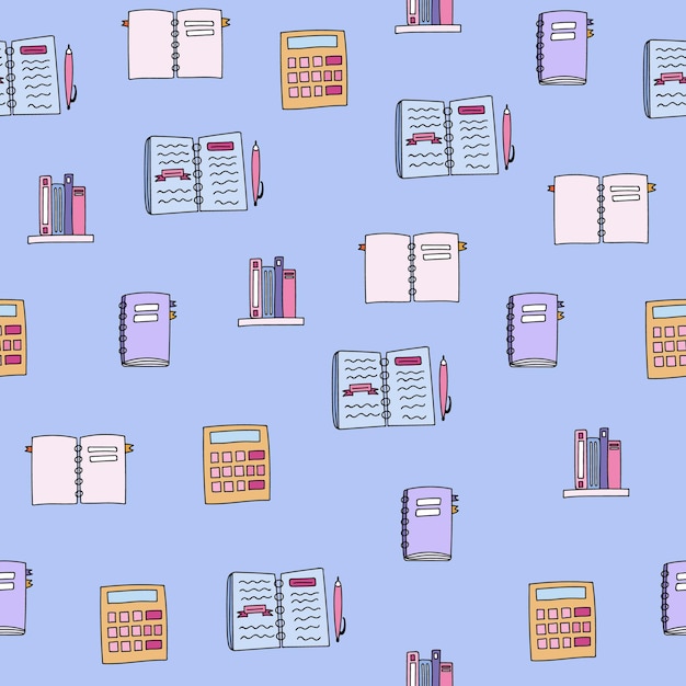 Seamless pattern with illustrations about business with notebooks bookshelves calculator