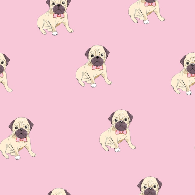 Seamless pattern with image of a Funny cartoon pugs puppies on a blue background. Vector illustration.