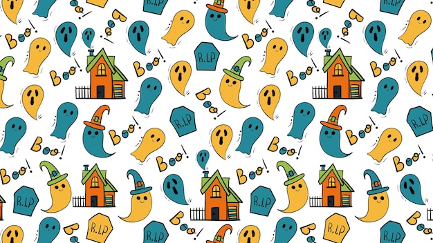 Бесшовный узор с изображением призраков и векторной иллюстрацией дома с привидениями