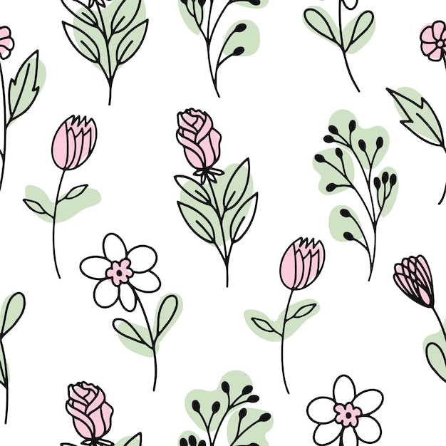 Seamless pattern with the image of spring flowers highlighted on a white background Vector illustration