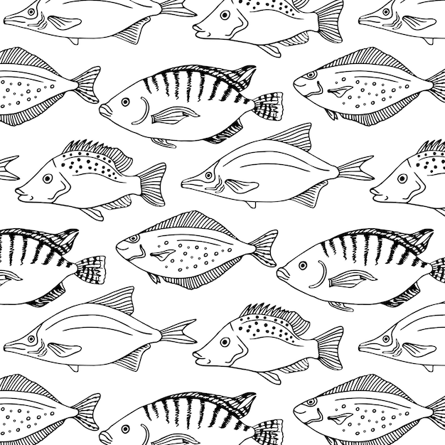 魚の画像とのシームレスなパターン ベクトル黒と白のイラスト