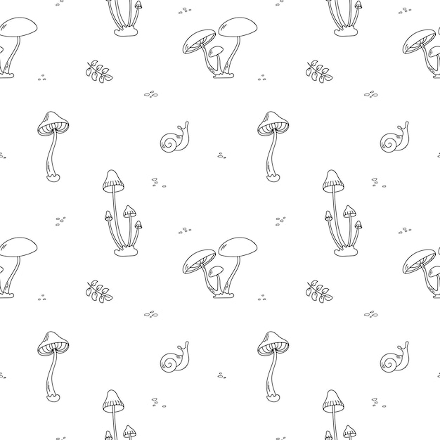 Бесшовный узор с листьями несъедобных грибов и векторной иллюстрацией контура улитки