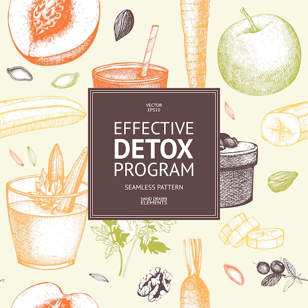 Seamless pattern with ink hand drawn diet elements  sketch. Vintage healthy food and detox program background.