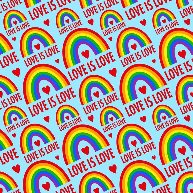 Seamless pattern with the inscription love is love red hearts and LGBT rainbow Pride pattern Vector color illustrations isolated on a blue background For decoration of textiles wrapping paper