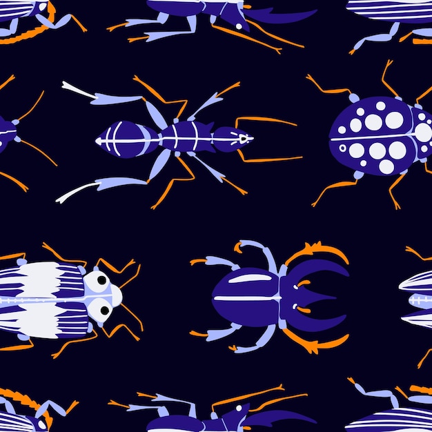 Vector seamless pattern with insects bugs beetles on dark background cartoon vector illustration