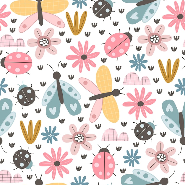 seamless pattern with insects, flowers, decor elements