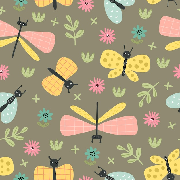 Seamless pattern with insects, flowers, decor elements.