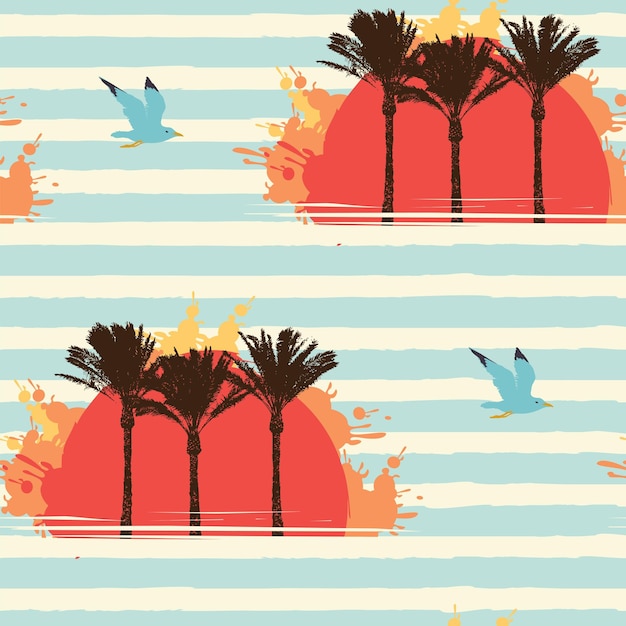 Vector seamless pattern with island and palm tree