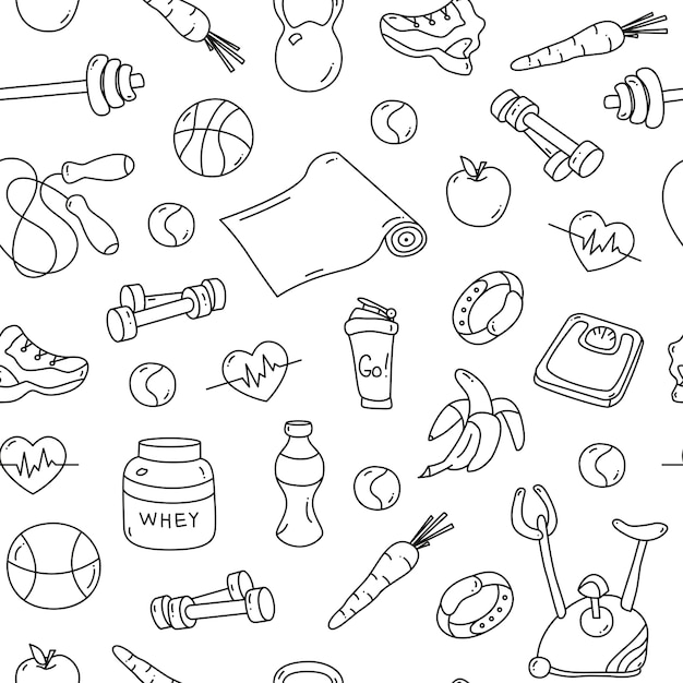 Seamless pattern with isolated fitness doodles