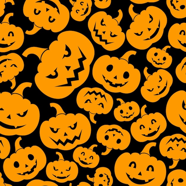 Seamless pattern with JackOLantern Halloween pumpkins on a black background