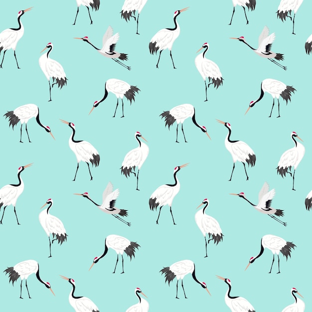 Seamless pattern with japanese cranes, retro bird background, fashion print, birthday japanese decoration set. vector illustration