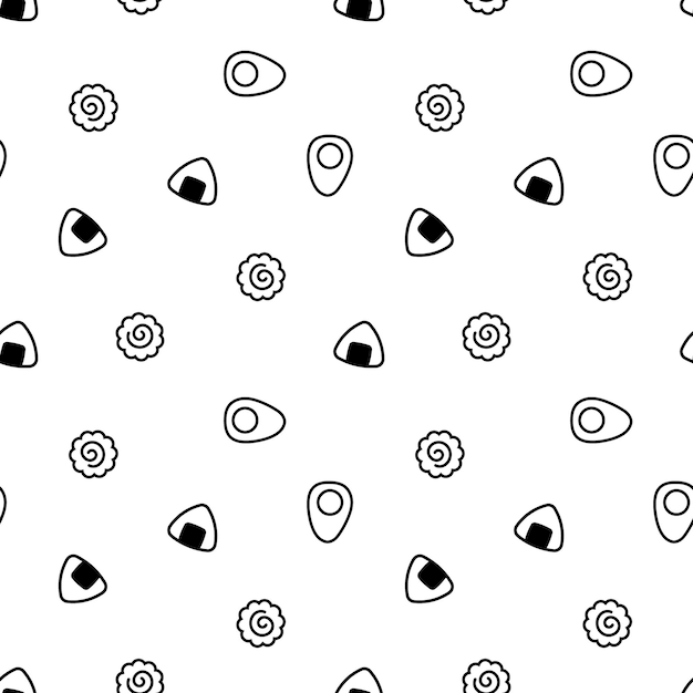 Seamless pattern with Japanese food Onigiri balls boiled eggs and narutomaki fishcakes print