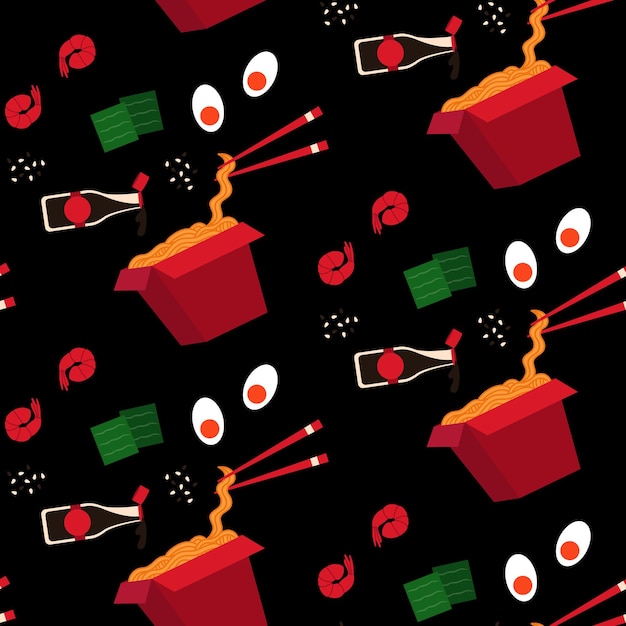 Seamless pattern with japanese ramen on black background. Japanese soup, prawns, eggs and soy sauce.