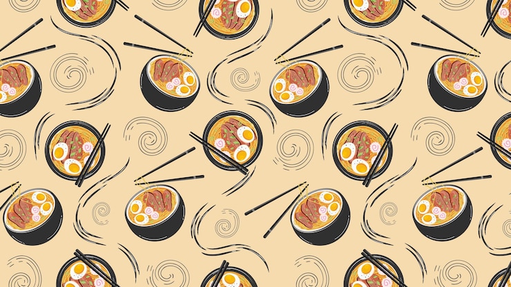 Vector seamless pattern with japanese soup ramen asian food for printing on paper textiles for banners
