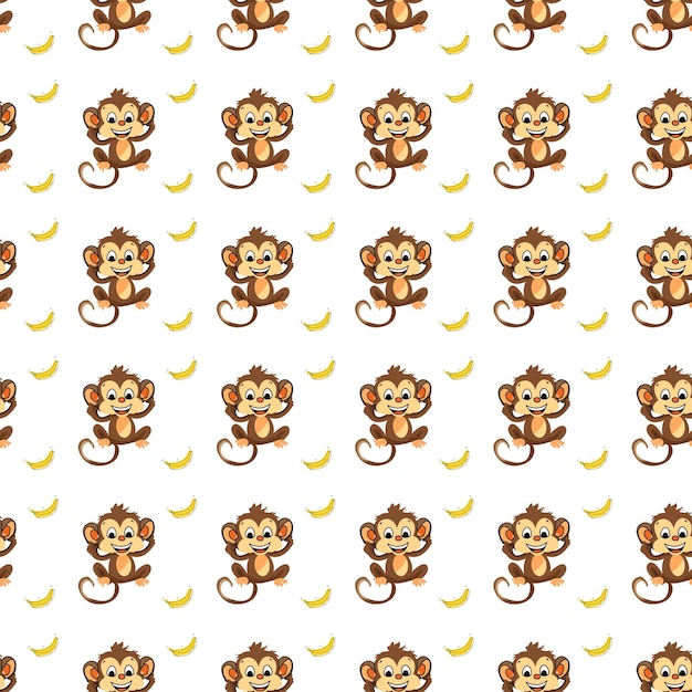Seamless pattern with jungle monkey and bananas Cute little monkey cartoon on white background forest animal watercolor illustration