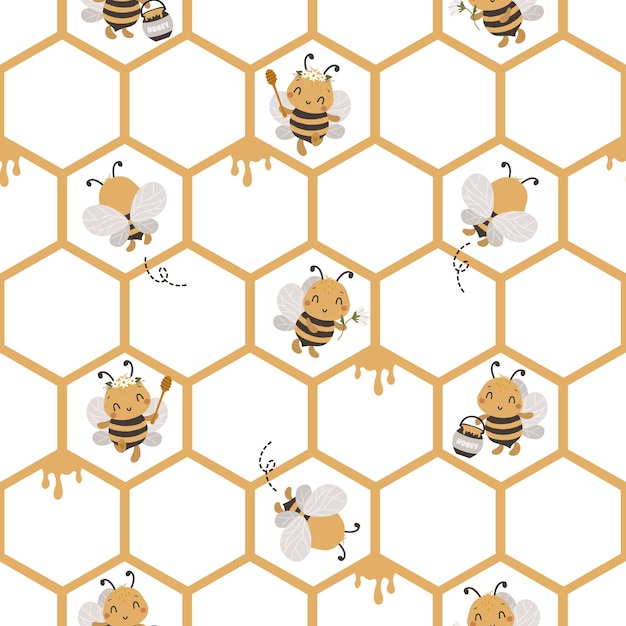 Seamless Pattern with Kawaii Cute Bees, Cartoon Animals Background, Design for baby clothes, t-shirt