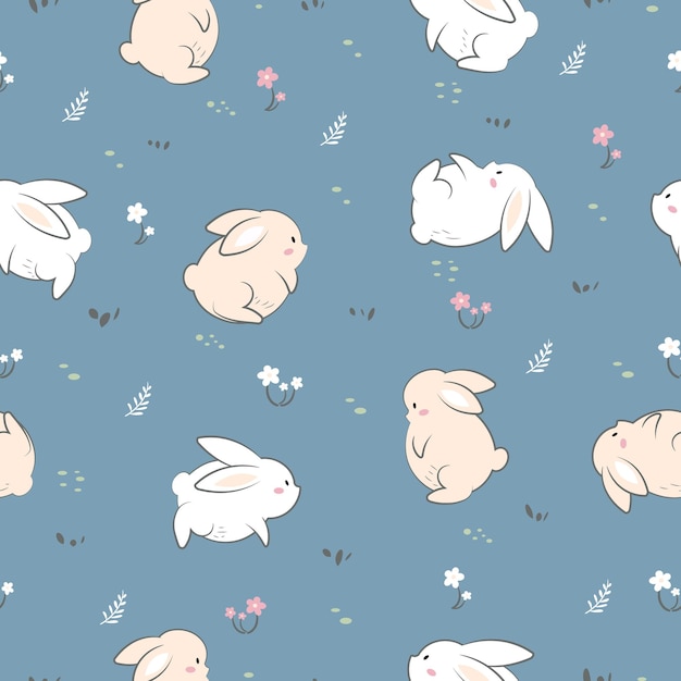 Seamless pattern with kawaii cute rabbit on blue background Vector illustration