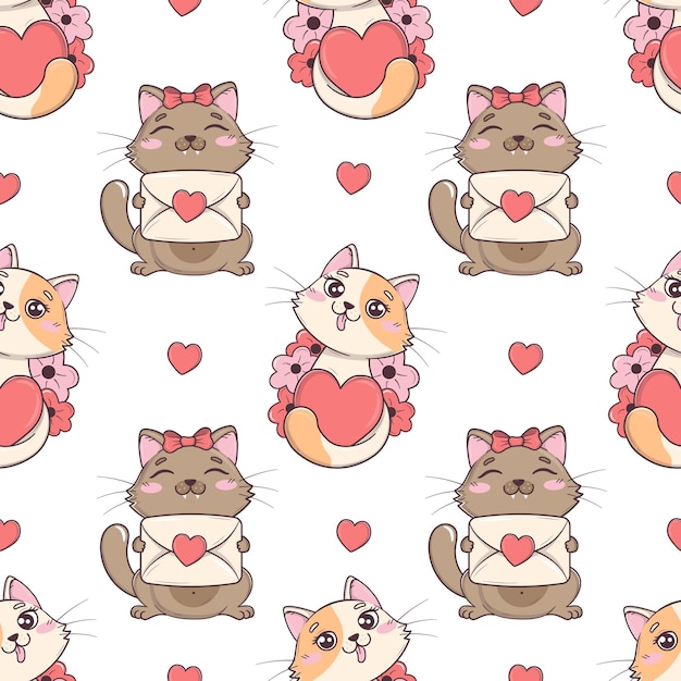 Seamless pattern with kawaii cute valentine cats with hearts and flowers for valentine39s day