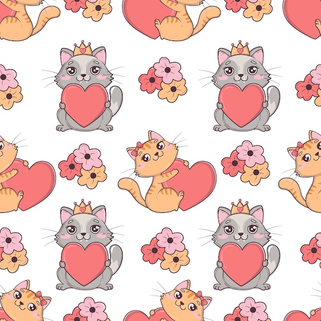 Seamless pattern with kawaii cute valentine cats with hearts and flowers for valentine39s day