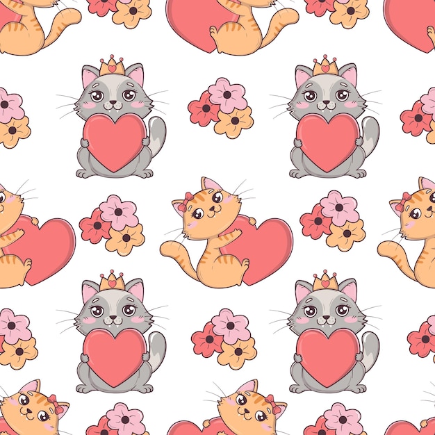 Modello senza cuciture con simpatici gatti di san valentino kawaii con cuori e fiori per il giorno di san valentino