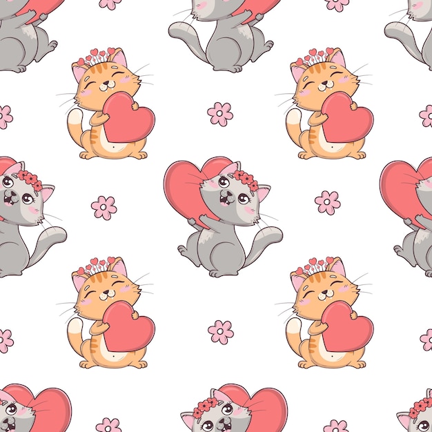 Seamless pattern with kawaii cute valentine cats with hearts and flowers for valentine39s day