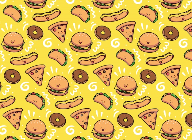 Seamless pattern with kawaii fast food