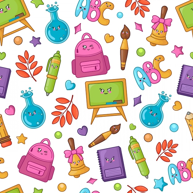 Vector seamless pattern with kawaii school supplies