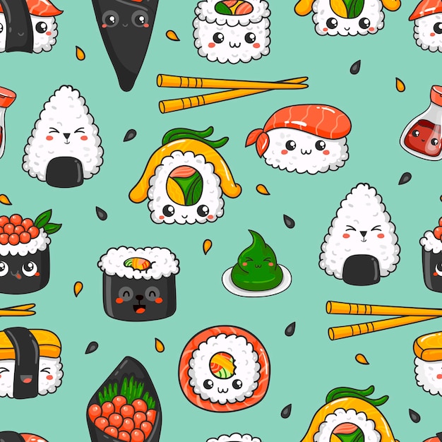 Seamless pattern with kawaii sushi