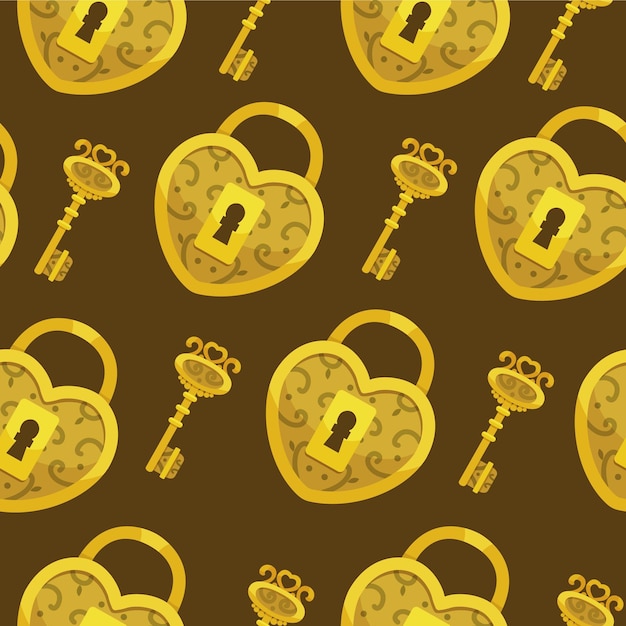 Vector seamless pattern with key vector gold lock hearts and keys background