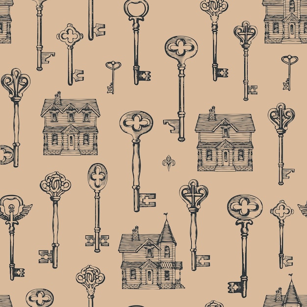 seamless pattern with keys and village buildings