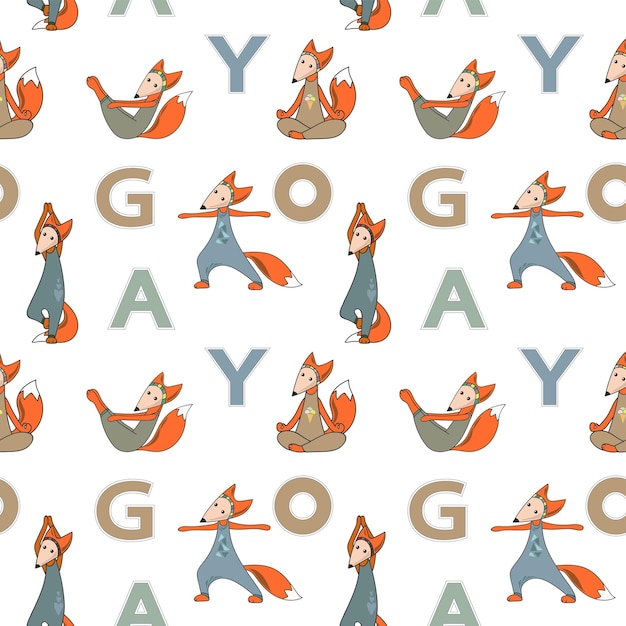 Seamless pattern with kids foxes yoga class and the letters