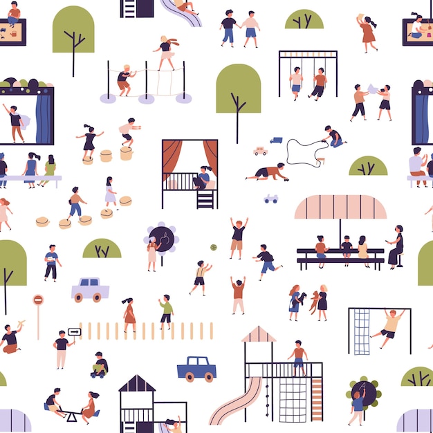 Seamless pattern with kids at modern kindergarten playground. Children having outdoor activities, playing games, walking, communicating and listening teacher. Flat vector illustration on white.