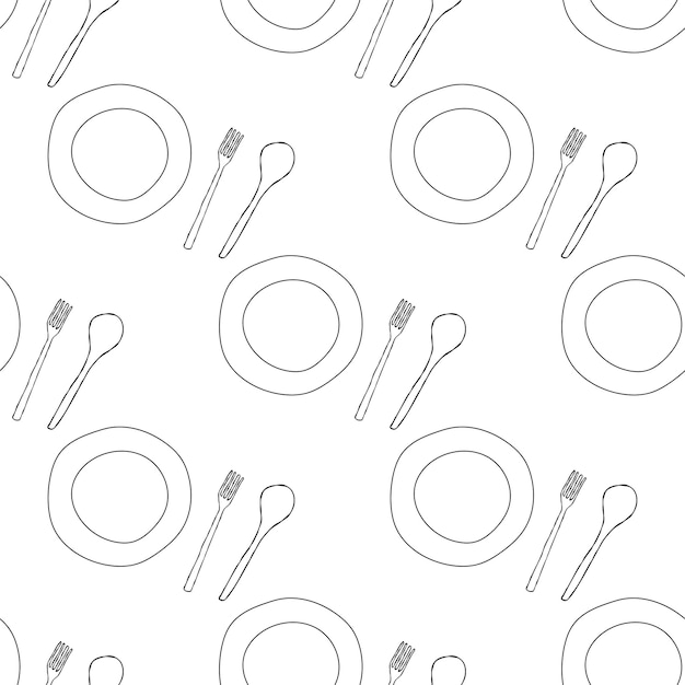 Бесшовный узор с иллюстрациями кухонной утвари, тарелкой, ложкой и вилкой в стиле каракулей