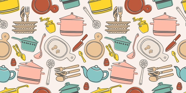 Бесшовный рисунок с кухонной посудой Векторная иллюстрация для декоративного фона приготовления пищи