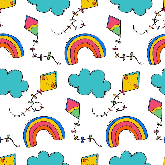 Vector seamless pattern with kites rainbow and clouds with cute faces vector isolated illustration